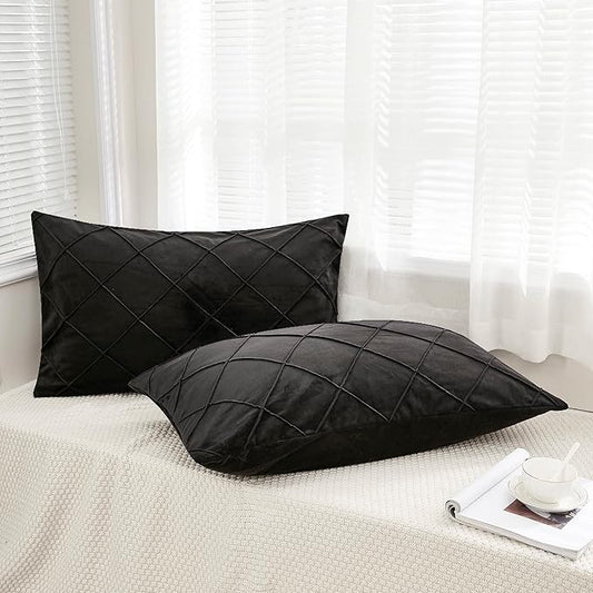 JAUXIO Diamond Pinch Pleated Crystal Velvet Pillowcases 2 Pack Solid Pintuck Throw Cushion Cover for Home Decor Hidden Zipper Closure (Black, King)