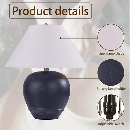 Pia Ricco 21'' Medium Size Black Glossy Ceramic Base Ceramic Basin Table Lamp for Bedroom, Living Room, Dining Room, Office, White Shade,Black Base