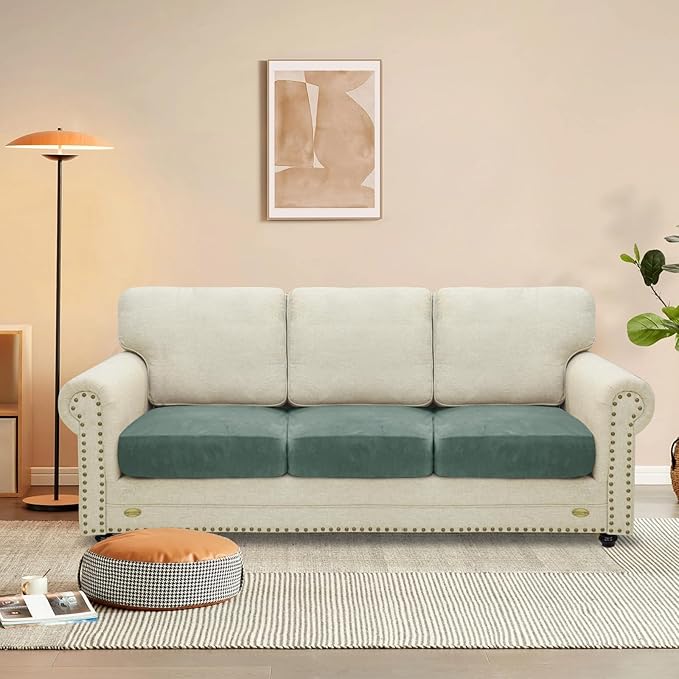 MAXIJIN Velvet Stretch Seat Cushion Covers Couch Cushion Cover for Individual Cushions Sofa Seat Cushion Slipcovers with Elastic Bottom (3 Piece XL Sofa Cushion Covers, Pea Green)