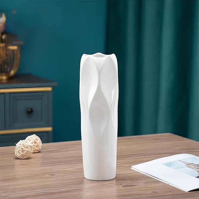 12Inch Tall Ceramic White Flower Vase,Home Decor White Vases for Pampas Grass,Modern Textured Vases for Living Room Decorations,Shelf,Table Centerpieces,Farmhouse Small Ceramic Vase