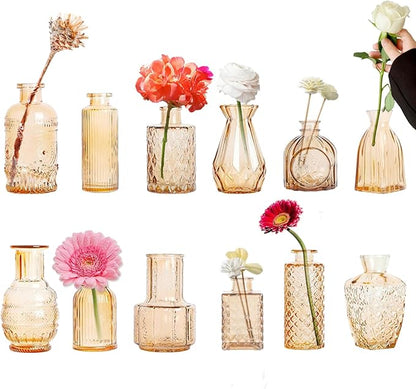 Glass Bud Vases Set of 12 Small Clear Amber Vases for Centerpieces Mini Glass Vases in Bulk Vintage Vases Assorted Tiny Flower Vase for Baby Shower Wedding Floral Arrangements Home Table Decorations