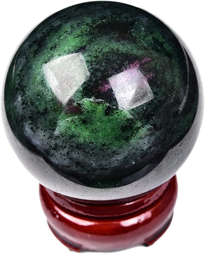 JIC Gem Small Red&Green Treasure Crystal Sphere Ball Natural Ruby Zoisite Healing Crystal Ball with Decoative Stand for Fengshui Meditation Decoation (50-60mm)