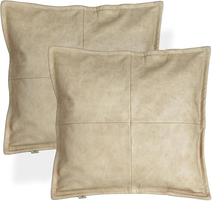 D DOLLY LAMB Lambskin Leather Pillow Cover - Sofa Cushion Case - Decorative Throw Covers for Living Room & Bedroom, 20x20 Inches - Light Beige Box Pack of 1