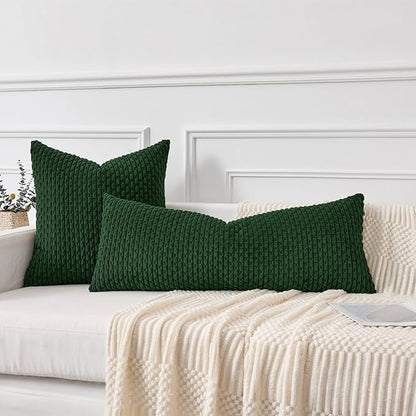 Kevin Textile 14x36 Inch Long Lumbar 1 Pack Boho Christmas Decorative Throw Pillow Cover Soft Striped Corduroy Rectangle Cushion Case Farmhouse Color Accent for Living Room Couch Sofa Bed, Dark Green
