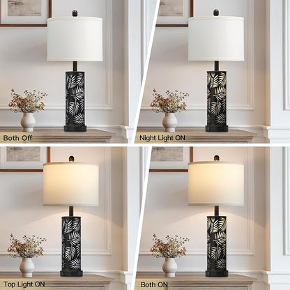 Set of 2 Rustic Table Lamps for Living Room Bedroom, Vintage Farmhouse Nightstand Lamp with 2 USB Ports, Hollow Out Black Metel Lamp for End Table with Nightlight (Retro Black)