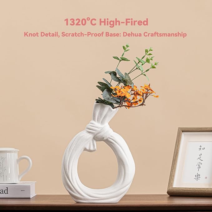 White Ceramic Vase with Knot & Loop Design - 10" Unique Flower Vase for Pampas Grass & Centerpieces, Decorative Boho/Farmhouse Vase for Living Room, Office Desk & Housewarming Gift (for Her/Yourself)