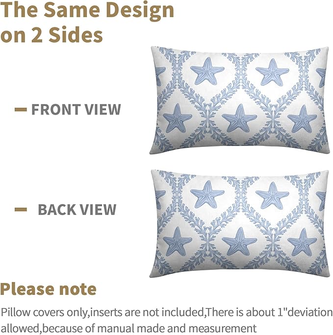 Coastal Pillow Covers 12x20 Set of 2 Ocean Starfish Pattern Decorative Light Blue Pillowcases Outdoor Beachy Throw Pillow Covers with Zipper Soft Cozy for Sofa Bed Chair Living Room Home Decor