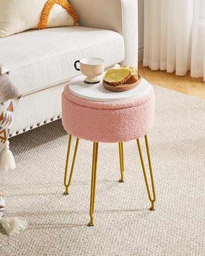 IBUYKE Teddy Velvet Storage Footrest Stool Ottoman, Makeup Vanity Stool Side Table with Removable Cover, Golden Steel Legs, Coffee Table Top Cover, Pink WBD010P