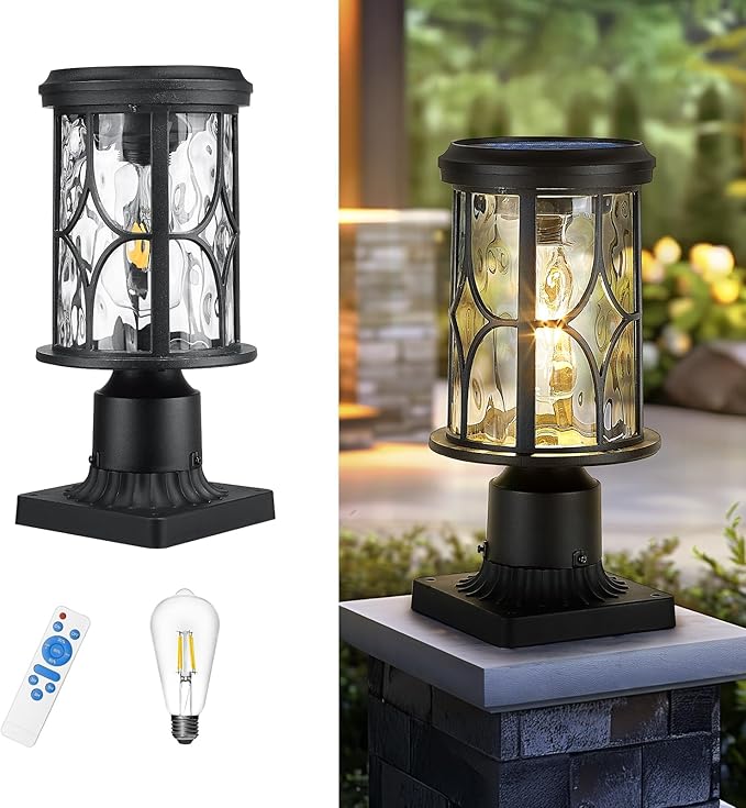 zeyu Outdoor Solar Column Light with Pier Mount, Exterior Post Lighting Fixture with Remote, Die-Cast Aluminum with Water Ripple Glass Shade, Black Finish, ZX48P-WG SL BK