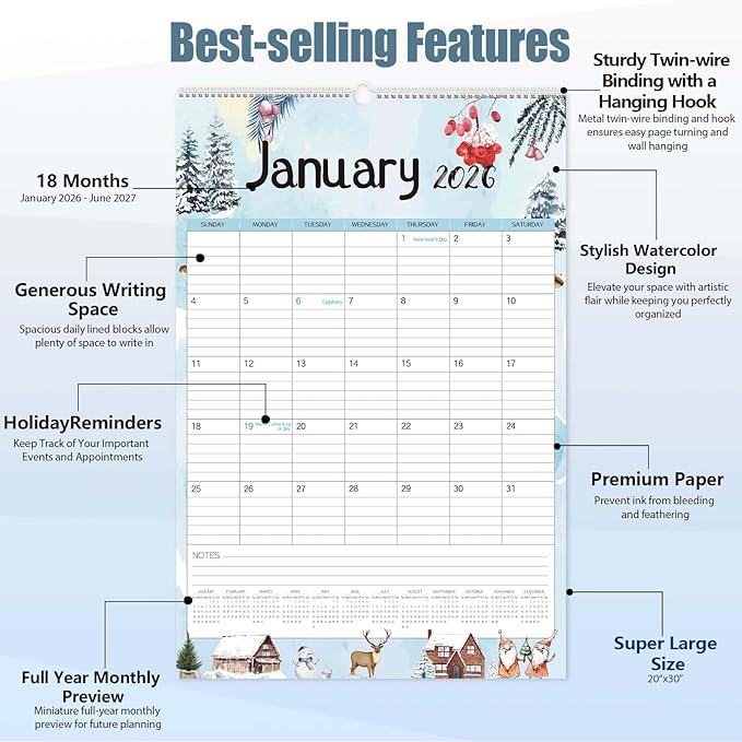 Guasslee 2026 Large Wall Calendar,20"x 30" Vertical Jumbo Hanging Wall Planner,18 Monthly Calendar from Jan. 2026 to Jun. 2027 with Lines,Spiral Binding and Notes for Easy Organizing