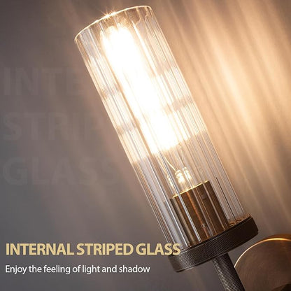 15" Knurled Brass Wall Sconces Set of 2, Bronze Bathroom Vanity Light Fixtures with Vertical Striped Glass Tube, Modern Lamp Lighting for Bedroom, Living Room, Hallway, Staircase, Mirror, Kitchen