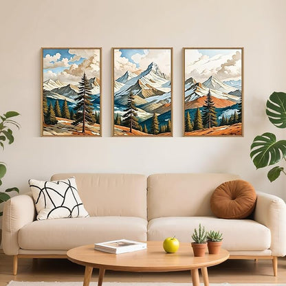 Large Woodcut Style Mountains Framed Canvas Wall Art,Vintage Pine Trees Wall Decor,Boho Natural Snow Ridge Artwork,Modern Woodland Landscape Art Print for Living Room,Bedroom,Office- 24"x36"x3