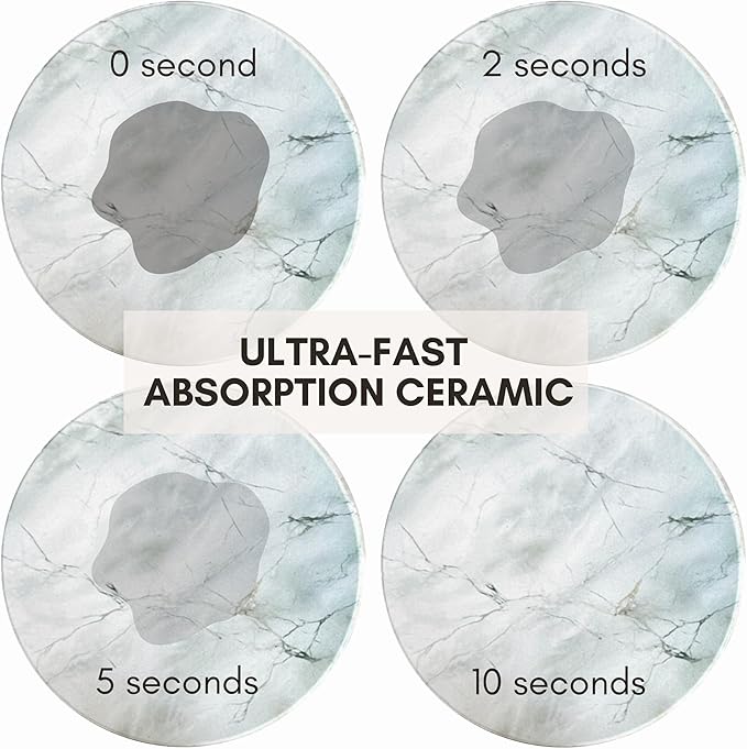 Ceramic Absorbent Coasters Set of 6 with Holder, Marble Drink Coasters for Coffee Table, Water Absorbing Coaster (Porcelain)