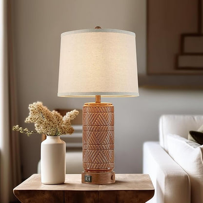 RORIA Set of 2 Vintage Touch Table Lamps for Living Room, 3 Way Dimmable Nightstand Lamp with 2 USB Port, Farmhouse Rustic Boho Ceramic Desk Lamps for Bedroom End Table, Bulbs Included