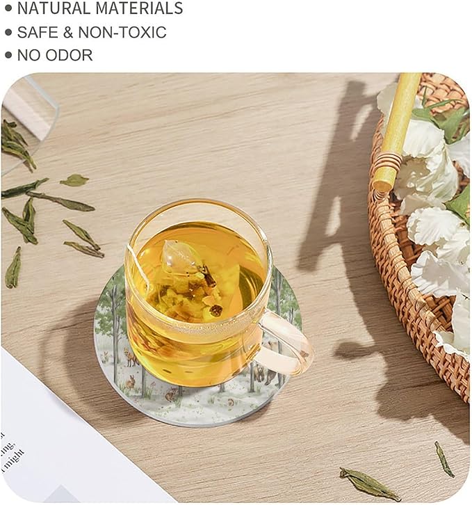 Round-4PCS Forest Drink Coasters, Round Modern Ceramic Absorbent Coasters, Cartoon Forest Nature Animal Bear, Deer, Fox, Rabbit Style Decor Desk Coffee Table Coaster for Beverage Cup Tea Coasters