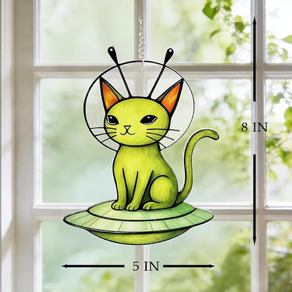 Cat Stained Glass Suncatcher Window, Hanging Sun Catchers Indoor Window, Suncatcher for Mom/Women (Alien Cat)