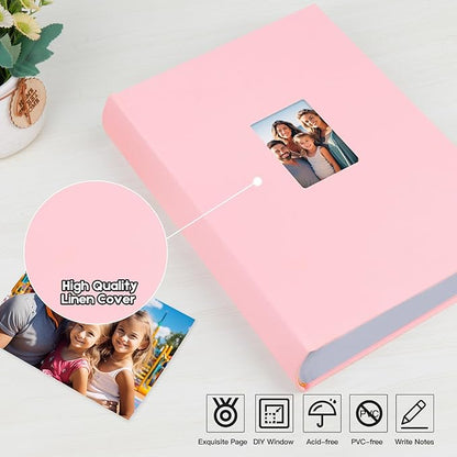 XFveiwoo Photo Album 4x6 450 Photos with Writing Space,4 x 6 Photo Book Linen Cover with Front Window, 4x6 Picture Album 450 Photos Photo Album Book for Wedding Kids Travel Family Baby Pictures, Pink
