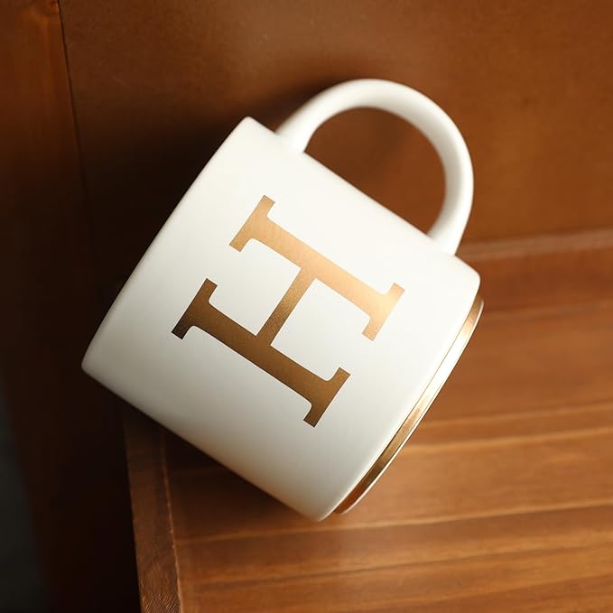 COLLECTIVE HOME - Monogram Ceramic Mugs, 15 oz Golden Initial Coffee Cups, Elegant Alphabet Tea Mugs, Elegant Personalized Mug with Gift Box, Unique Mug with Double Side Capital Letter (H)
