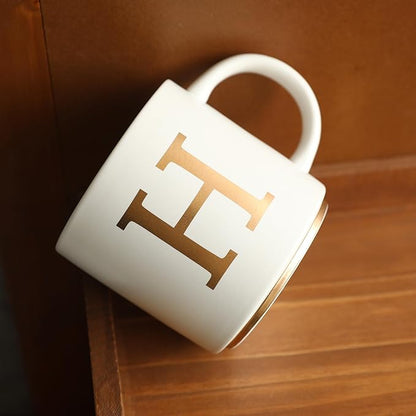 COLLECTIVE HOME - Monogram Ceramic Mugs, 15 oz Golden Initial Coffee Cups, Elegant Alphabet Tea Mugs, Elegant Personalized Mug with Gift Box, Unique Mug with Double Side Capital Letter (H)
