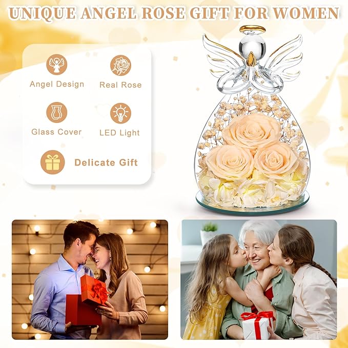 Beferr Valentines Day Rose Gifts for Her Women Mom Gifts for Birthday, Fresh Flowers for Delivery Prime Forever Preserved Rose in Glass Angel Figurine, for Grandma Wife Kids Daughter
