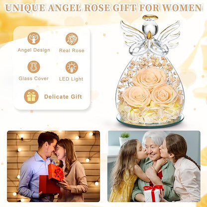 Beferr Valentines Day Rose Gifts for Her Women Mom Gifts for Birthday, Fresh Flowers for Delivery Prime Forever Preserved Rose in Glass Angel Figurine, for Grandma Wife Kids Daughter