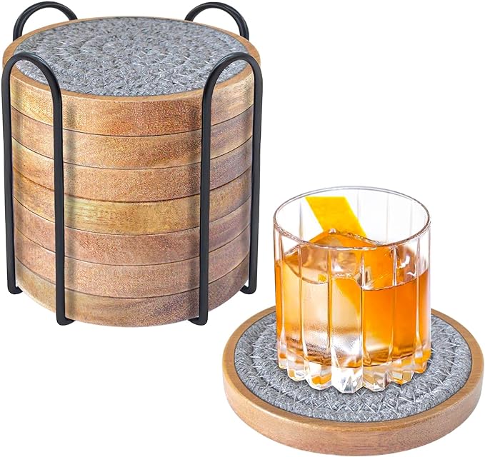 Wood Coasters for Drinks, Absorbent Coaster Sets of 8, Woven Drink Coasters for Coffee Table, Housewarming Gift for Farmhouse Home Decor,4.3 inches Gray