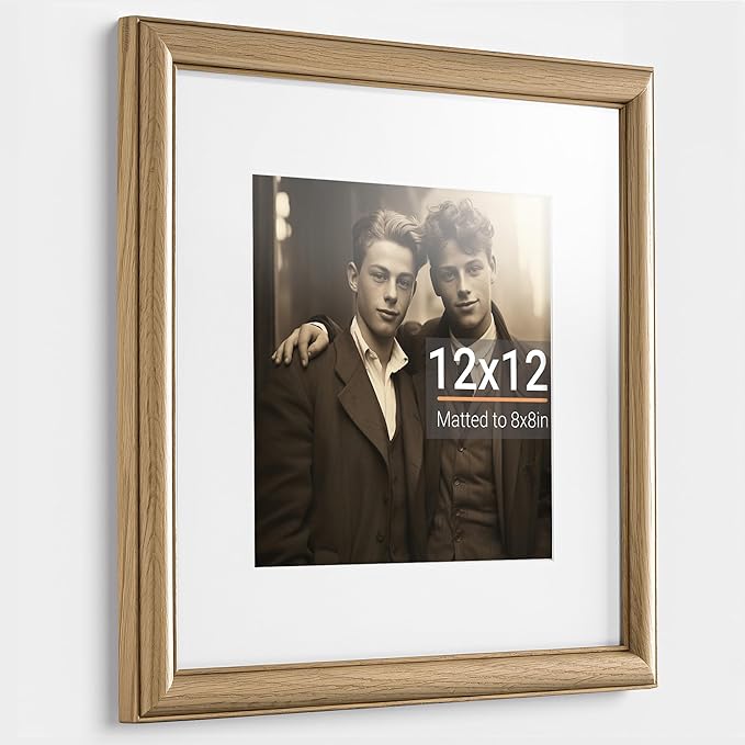 Heimlove 12x12 Picture Frame,12 x 12 Solid White Oak Square Photo Frame with Tempered Glass,12"x12" Handcrafted Wood Frame Matted to 8x8 Photos for Wall Hanging Photo Frame Art Photo and Prints,1 Pack