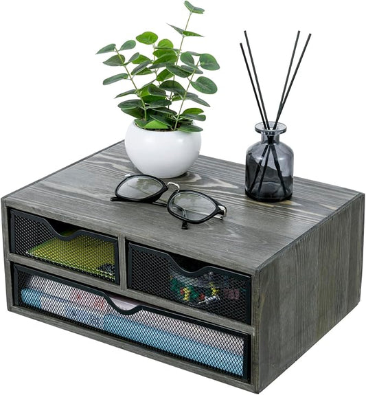 MyGift Vintage Weathered Gray Solid Wood Desktop Organizer Box with 3 Removable Black Metal Mesh Trays, Office Desk Supplies Storage Drawers for Accessories