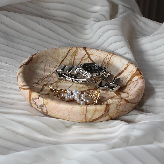 Natural Marble Travertine Ring Dish Jewelry Tray 5.5" for Women, Marble Trinket Dish for Key Earring Nightstand, Mother's Day Engagement Birthday Gift - Pink Marble