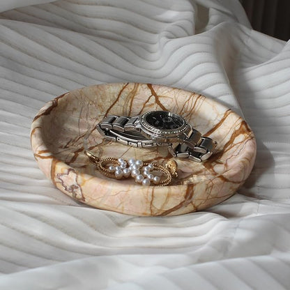 Natural Marble Travertine Ring Dish Jewelry Tray 5.5" for Women, Marble Trinket Dish for Key Earring Nightstand, Mother's Day Engagement Birthday Gift - Pink Marble