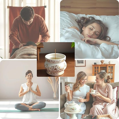 Ceramic Incense Burner Pot, Small Incense Bowl with Sticks and Brass Stand, Decorative Lotus Incense Holder Censer for Meditation Praying Buddha 4 Inch