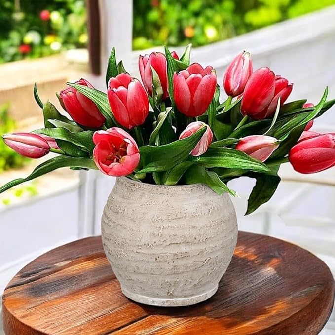 Briful 5'' Ceramic Rustic Vase Shabby Vintage Textured Vases, 3.5'' Wide Mouth Pampas Jar Vase Pottery for Fake Flowers Branches, Farmhouse Home Décor, Weddings Shelf Table Decor, Cream White