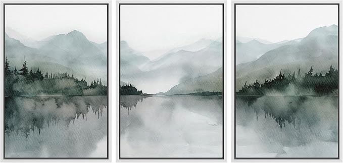 MUDECOR Framed Wall Art Print Set Misty Mountain Lake Watercolor Serene Illustrations Modern Art Boho Decorative Colorful Chic for Living Room, Bedroom, Office - 16"x24"x3 White