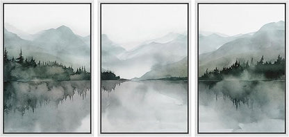 MUDECOR Framed Wall Art Print Set Misty Mountain Lake Watercolor Serene Illustrations Modern Art Boho Decorative Colorful Chic for Living Room, Bedroom, Office - 16"x24"x3 White
