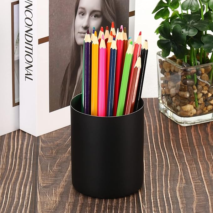 PATIKIL Pencil Holder, 2 Pack Pen Holder for Desk Stainless Steel Pencil Holders Cup Organizer Makeup Brush Holder for Desk Accessories, Black