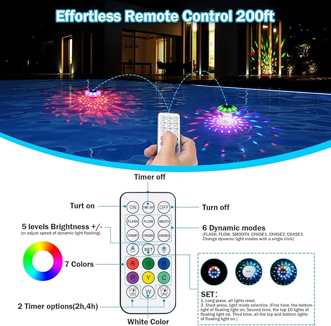 Floating Pool Lights, Upgraded Pool Lights with 6 Dynamic Lighting Effects, Rechargeable 4000mAh IP68 Waterproof Upper and Lower RGB Color Changing Light with Remote for Pond, Hot Tub 1 Pack
