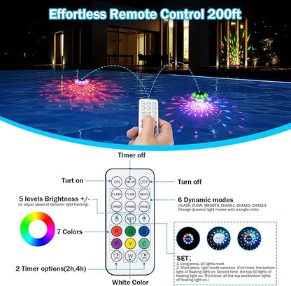 Floating Pool Lights, Pool Lights That Float with Remote, Rechargeable 4000mAh IP68 Waterproof Upper and Lower Color Changing Light with 6 Dynamic Lighting Effects for Bathtub 2 Pack