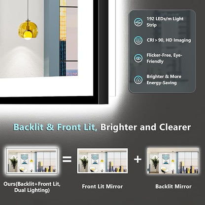 96"x36" Black Framed LED Bathroom Mirror with Lights, Backlit & Front Lit, Anti-Fog Lighted Vanity Mirrors for Bathroom Wall, Dimmable, 3 Colors, Memory, Shatter-Proof, Tempered Glass, CRI＞90