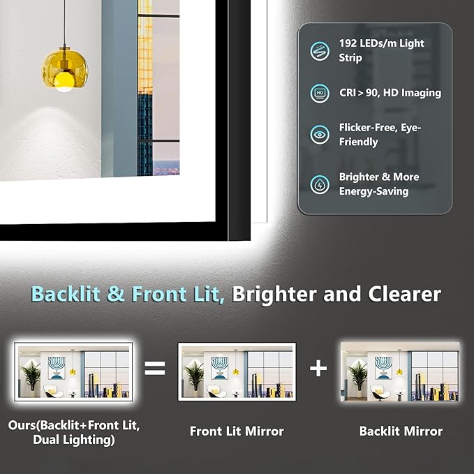 72x36 Black Framed LED Bathroom Mirror with Lights, Backlit and Front Lit, Anti-Fog Lighted Vanity Mirrors for Bathroom Wall, Dimmable, 3-Color Light, Memory, Shatter-Proof, HD Tempered Glass