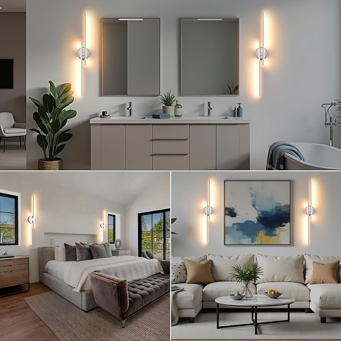 Wireless Battery Operated Wall Sconces with Remote, USB Rechargeable Led Wall Lights, 3000K-6000K Chrome wall sconces for Bedroom, Hallway, Living Room. Chrome 31.4-Inch Wall Light Set of Two