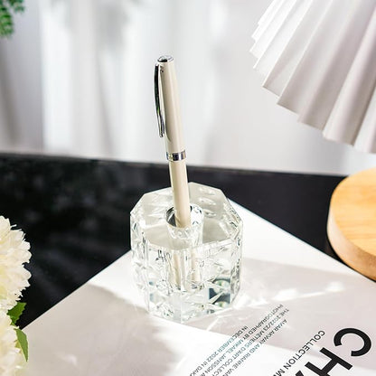 QFkris Fancy Crystal Single Pen Holder for Desk, Glass Fountain Pen Stand, 2.2" Feather Pencil Holder for Office Desktop Decoration, Gift for Man Woman Students Teachers Father Boyfriend