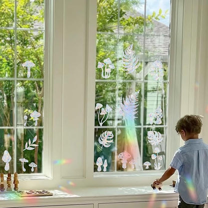 31 Pieces Mushroom Leaves Sun Catcher Window Clings for Glass Windows, Anti-Collision Stickers Decals Prevent Bird Strikes,Rainbow Prismatic Window Clings Non Adhesive