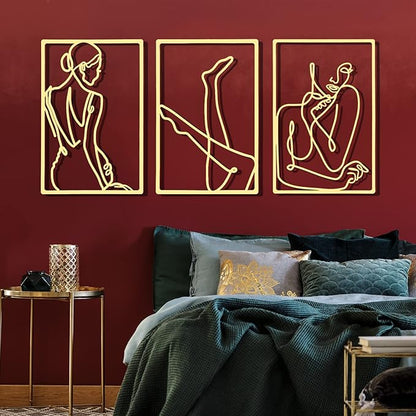 CHENGU 3 Pieces Gold Wall Decor Minimalist Wall Art Metal Line Wall Art Wall Decor for Bedroom Single Line Female for Kitchen Bathroom Living Room(Vivid Style)