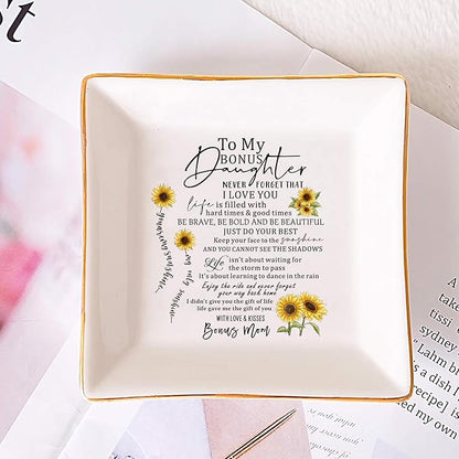 SUNBMO To My Bonus Daughter Jewelry Trinket Dish, white