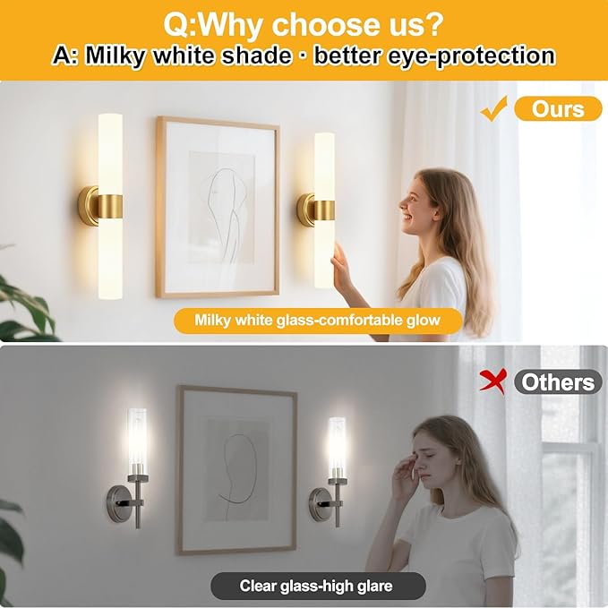 Wall Sconces Set of Two, Modern Bathroom Sconces Wall Lighting with Milky White Glass, Brushed Gold Sconces Wall Decor Set of 2 for Bathroom Mirror Bedroom Living Room Hallway