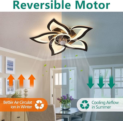 HuixuTe 24" Geometric Ceiling Fan with Lights Remote Control, 6 Speeds 3 Colors Black Low Profile Ceiling Fan with Light for Kitchen Bedroom Living Room