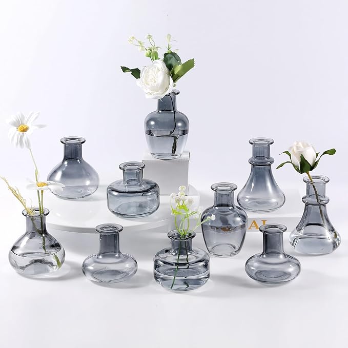 Black Gray Glass Bud Vase, 10Pcs/Set Modern Decorative Small Mini Flowers Vases, Minimalist Aesthetic Home Decor Vintage Wedding Table Centerpieces for Single Flower Rose