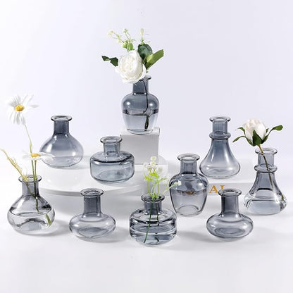 Black Gray Glass Bud Vase, 10Pcs/Set Modern Decorative Small Mini Flowers Vases, Minimalist Aesthetic Home Decor Vintage Wedding Table Centerpieces for Single Flower Rose