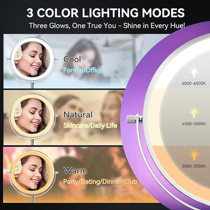 Auxmir 9" Large Lighted Makeup Mirror with Magnification, 1X/30X Double Sided Magnifying Mirror with Adjustable Height, Rechargeable Vanity Mirror with 3 Color Dimmable Lights, 360° Rotation
