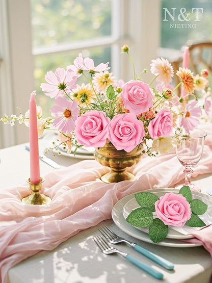 N&T NIETING Artificial Flowers Pink Roses, 25Pcs Fake Flowers Foam Roses with Stems for Valentines Day DIY Wedding Bridesmaid Bridal Bouquets Centerpieces Party Home Decoration Baby Shower